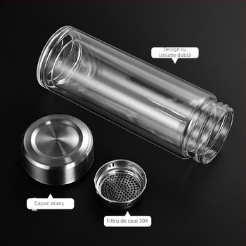 Ceai într-o ceașcă cu pereți dubli din sticlă borosilikată, pentru birou, rezistentă la temperaturi, anti-arzare și izolație termică, indicator inteligent de temperatură