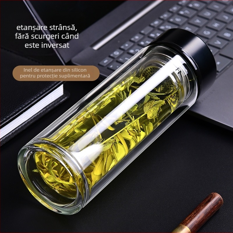 Ceai într-o ceașcă cu pereți dubli din sticlă borosilikată, pentru birou, rezistentă la temperaturi, anti-arzare și izolație termică, indicator inteligent de temperatură