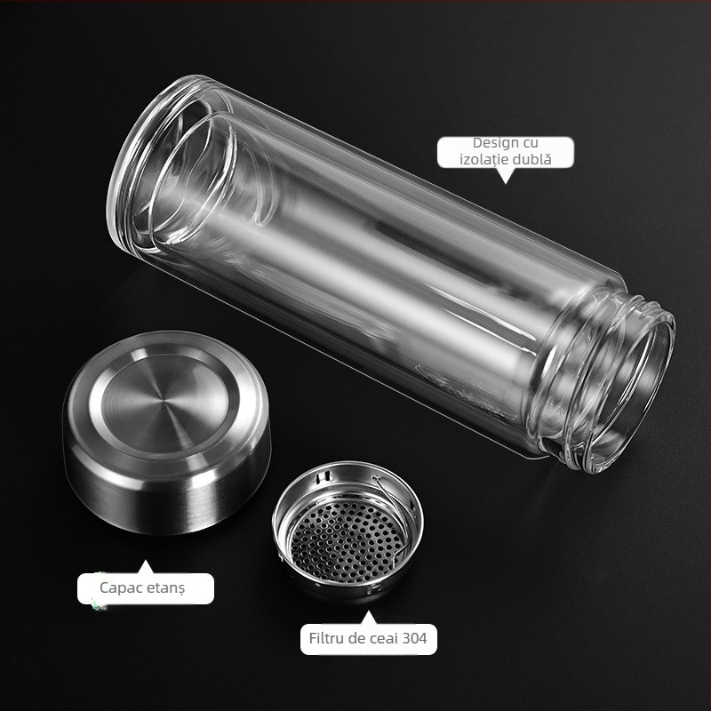 Ceai într-o ceașcă cu pereți dubli din sticlă borosilikată, pentru birou, rezistentă la temperaturi, anti-arzare și izolație termică, indicator inteligent de temperatură