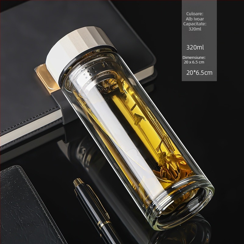 Ceai într-o ceașcă cu pereți dubli din sticlă borosilikată, pentru birou, rezistentă la temperaturi, anti-arzare și izolație termică, indicator inteligent de temperatură