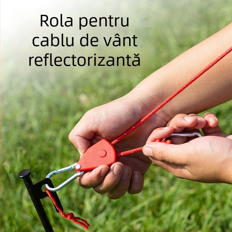 Frânghie pentru cort cu tambur metalic pentru camping în aer liber, frânghie reglabilă pentru acoperișul cortului, cârlig cu cataramă și elastic