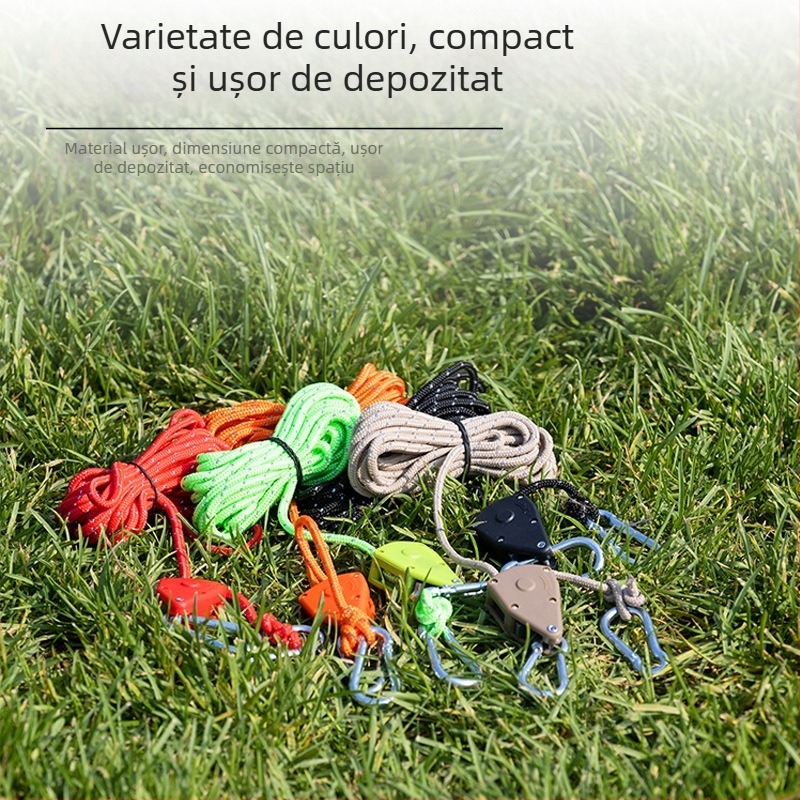 Frânghie pentru cort cu tambur metalic pentru camping în aer liber, frânghie reglabilă pentru acoperișul cortului, cârlig cu cataramă și elastic