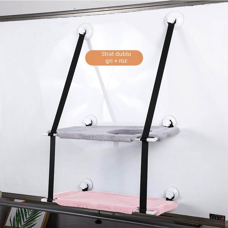 Hamac pentru pisici cu ventuze pentru fereastră, cuib dublu montat pe perete pentru cățărare