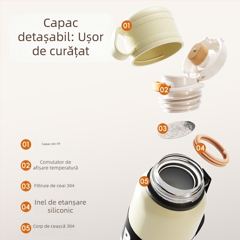 Cană termos cu două capace, separare ceai-apă, interior din oțel inoxidabil 316, exterior din oțel inoxidabil 201, izolație vid, portabilă pentru mașină