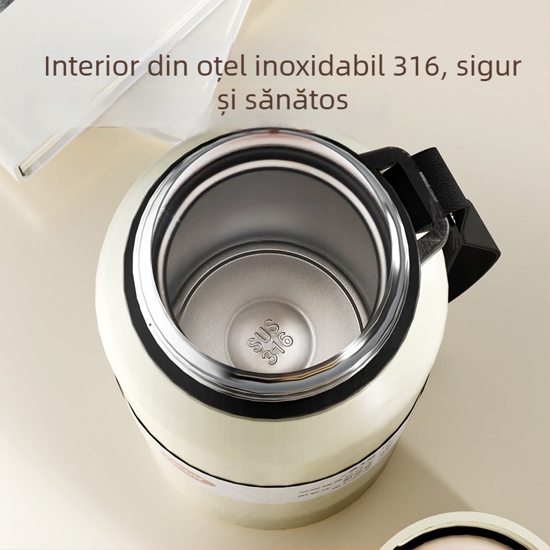 Cană termos cu două capace, separare ceai-apă, interior din oțel inoxidabil 316, exterior din oțel inoxidabil 201, izolație vid, portabilă pentru mașină