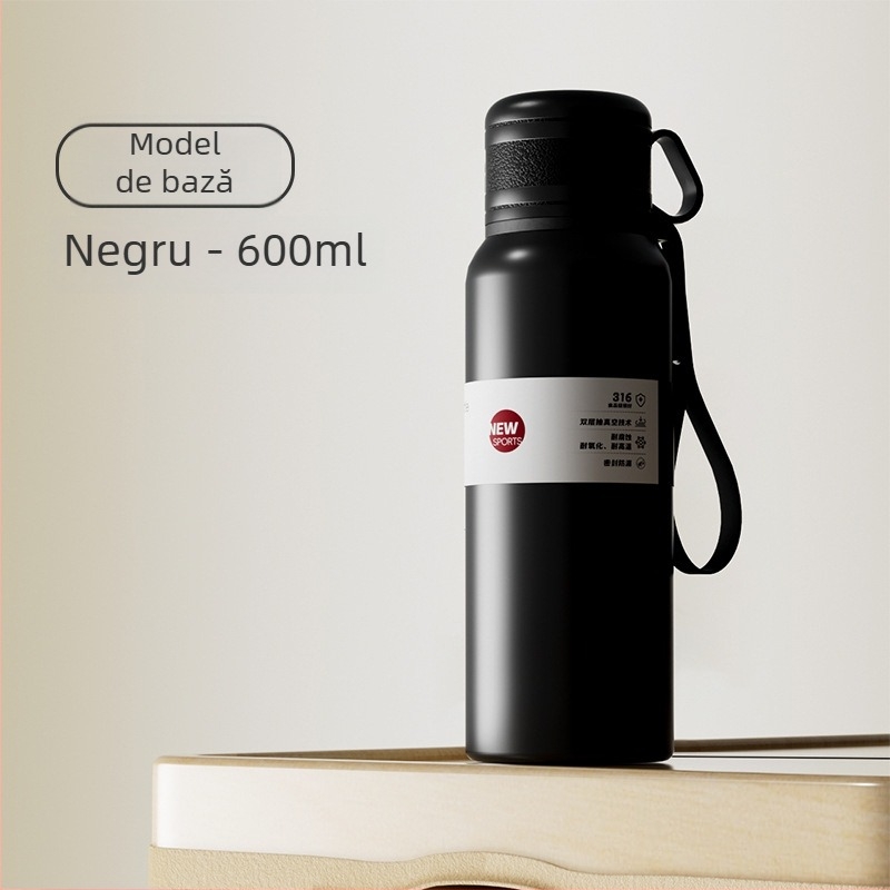 Cană termos cu două capace, separare ceai-apă, interior din oțel inoxidabil 316, exterior din oțel inoxidabil 201, izolație vid, portabilă pentru mașină