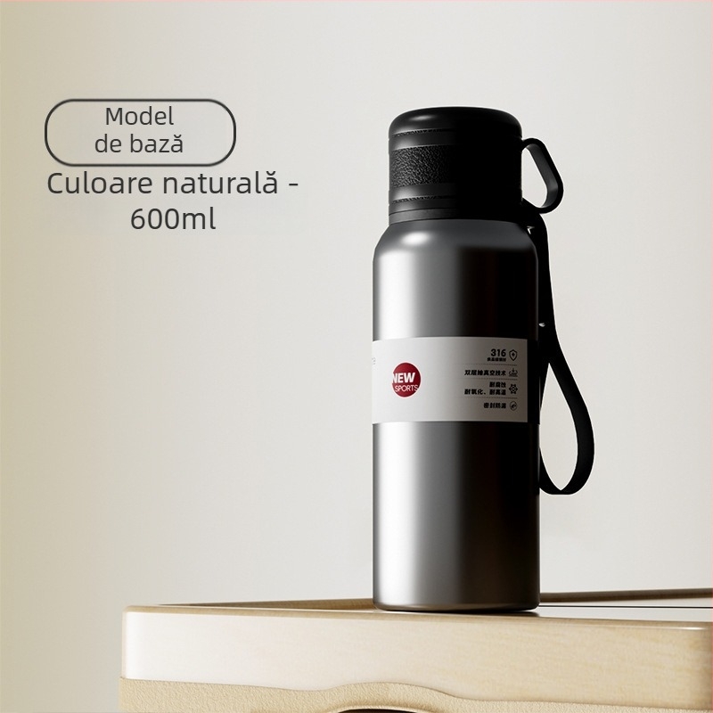 Cană termos cu două capace, separare ceai-apă, interior din oțel inoxidabil 316, exterior din oțel inoxidabil 201, izolație vid, portabilă pentru mașină