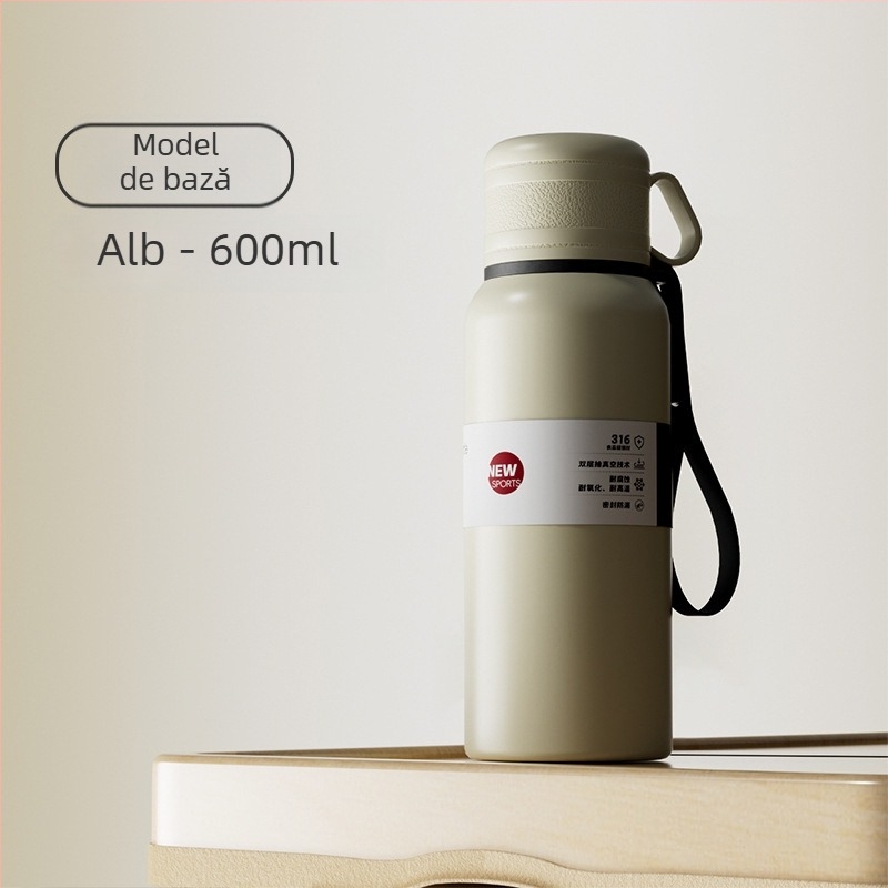 Cană termos cu două capace, separare ceai-apă, interior din oțel inoxidabil 316, exterior din oțel inoxidabil 201, izolație vid, portabilă pentru mașină