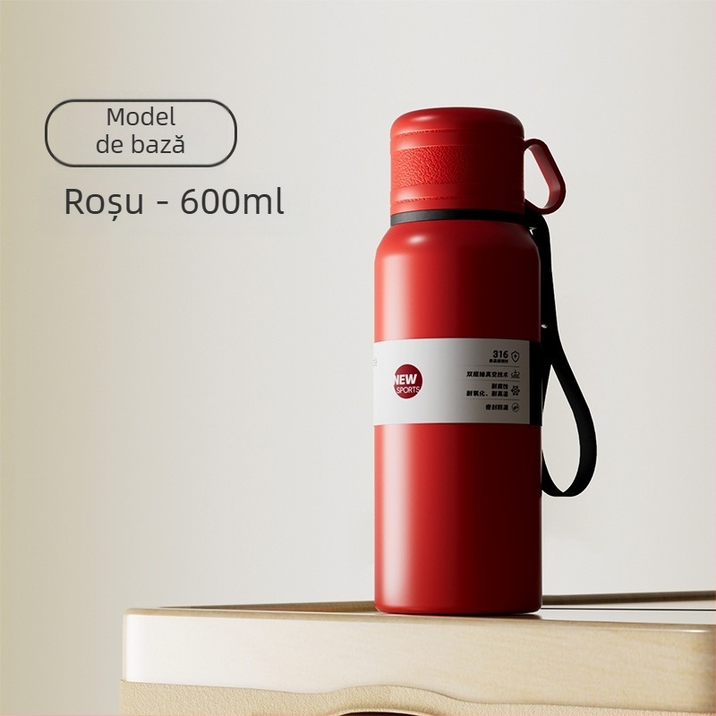 Cană termos cu două capace, separare ceai-apă, interior din oțel inoxidabil 316, exterior din oțel inoxidabil 201, izolație vid, portabilă pentru mașină