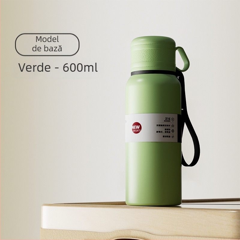 Cană termos cu două capace, separare ceai-apă, interior din oțel inoxidabil 316, exterior din oțel inoxidabil 201, izolație vid, portabilă pentru mașină