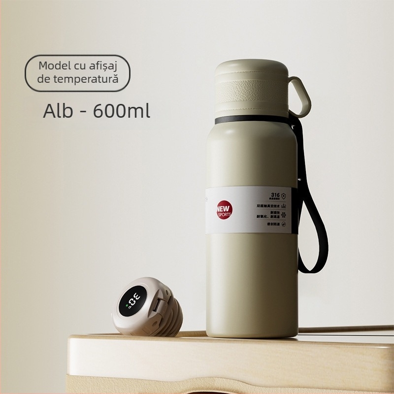 Cană termos cu două capace, separare ceai-apă, interior din oțel inoxidabil 316, exterior din oțel inoxidabil 201, izolație vid, portabilă pentru mașină