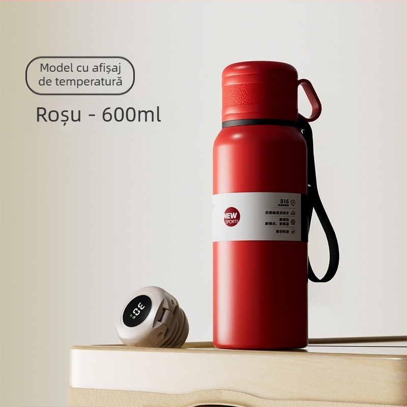 Cană termos cu două capace, separare ceai-apă, interior din oțel inoxidabil 316, exterior din oțel inoxidabil 201, izolație vid, portabilă pentru mașină