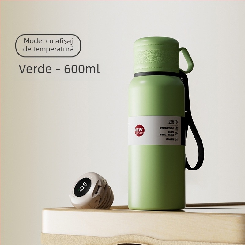 Cană termos cu două capace, separare ceai-apă, interior din oțel inoxidabil 316, exterior din oțel inoxidabil 201, izolație vid, portabilă pentru mașină