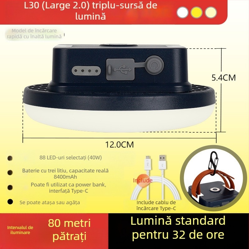 Lumină LED pentru cort – alimentare prin energie cinetică, rezistentă la apă, portabilă