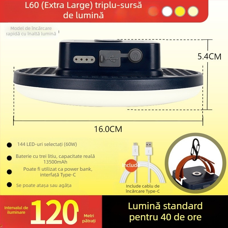 Lumină LED pentru cort – alimentare prin energie cinetică, rezistentă la apă, portabilă