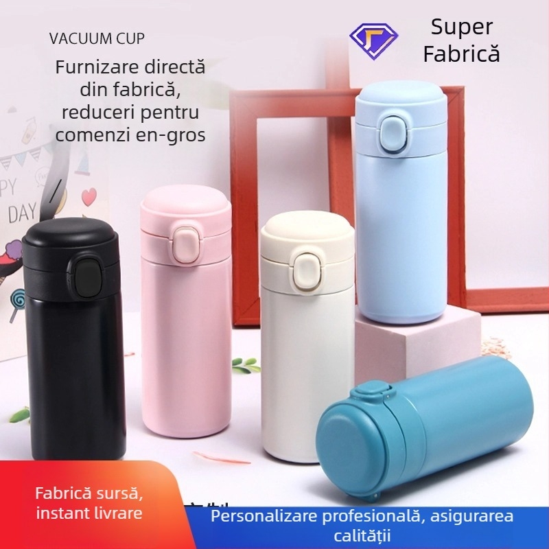 Ceasca termos cu interior din oțel inoxidabil 304, exterior din oțel inoxidabil 201, izolație 6–12h, capac pop-up din oțel inoxidabil, gravare cu laser și imprimare siglă