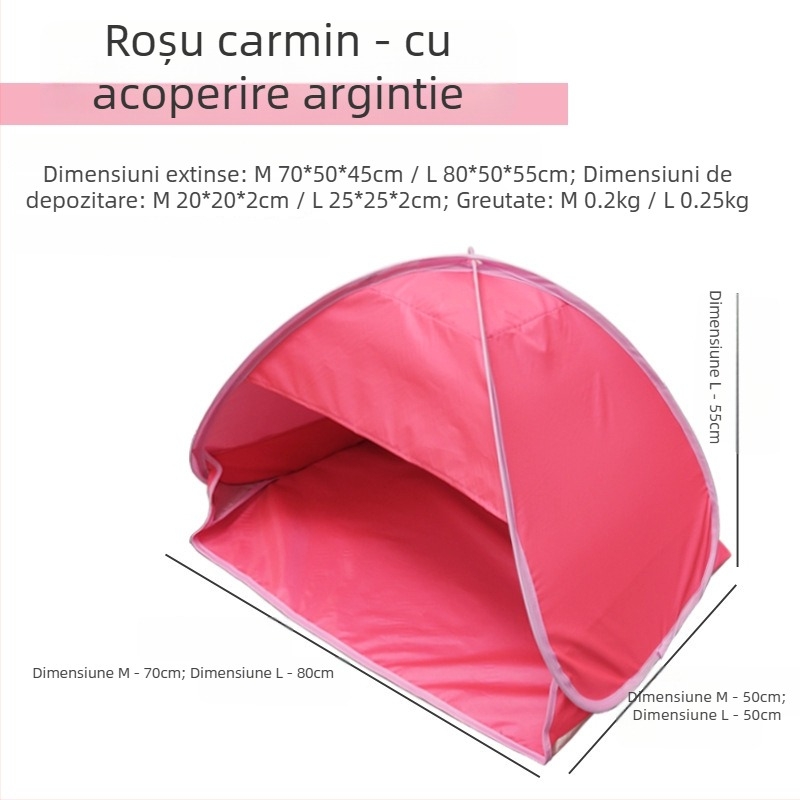 Cort de dormit pentru cap, pliere rapidă, strat unic; greutate 1,0 kg; stâlpi din oțel galvanizat; material interior 190T cu acoperire argintie poliester Oxford; material exterior Oxford; impermeabil exterior <1000 mm; utilizare all-season