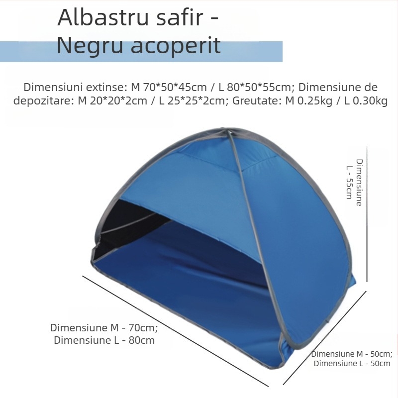 Cort de dormit pentru cap, pliere rapidă, strat unic; greutate 1,0 kg; stâlpi din oțel galvanizat; material interior 190T cu acoperire argintie poliester Oxford; material exterior Oxford; impermeabil exterior <1000 mm; utilizare all-season