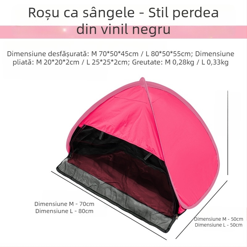 Cort de dormit pentru cap, pliere rapidă, strat unic; greutate 1,0 kg; stâlpi din oțel galvanizat; material interior 190T cu acoperire argintie poliester Oxford; material exterior Oxford; impermeabil exterior <1000 mm; utilizare all-season