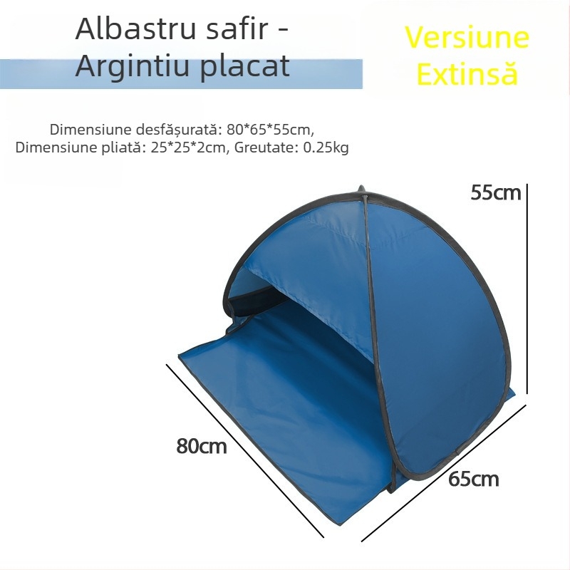 Cort de dormit pentru cap, pliere rapidă, strat unic; greutate 1,0 kg; stâlpi din oțel galvanizat; material interior 190T cu acoperire argintie poliester Oxford; material exterior Oxford; impermeabil exterior <1000 mm; utilizare all-season