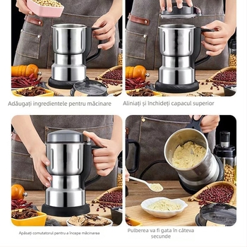 Mașină de măcinat cereale pentru uz casnic, cu recipient din oțel inoxidabil, lamă dublă de amestec, 20.000–29.999 rpm, 110–240V, capacitate sub 1 L, automat complet