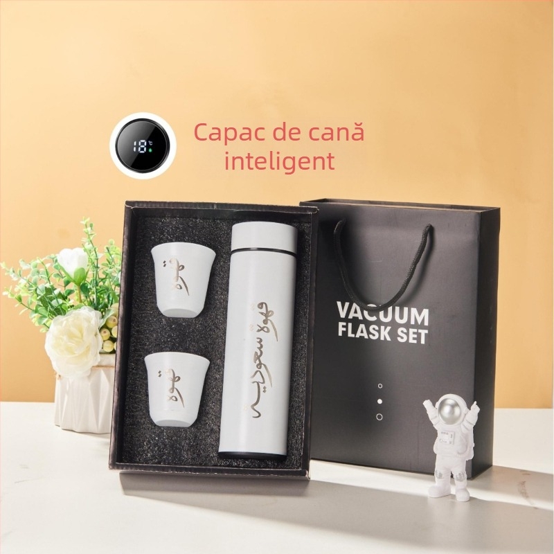 Cană termos cu pereți dubli, compartiment pentru ceai, interior 304 inox, exterior 201 inox, izolație 6–12 ore, cutie cadou