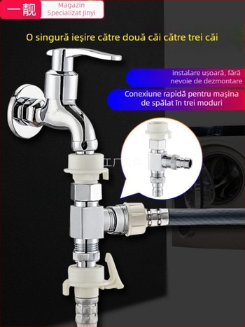 Tee Quick-Connect pentru mașina de spălat: Trei căi, Intrare-Ieșire 1-2, Alamă, Miez de disc ceramic
