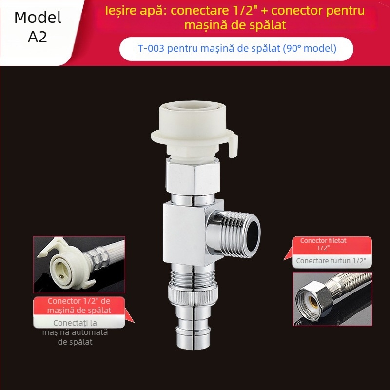 Tee Quick-Connect pentru mașina de spălat: Trei căi, Intrare-Ieșire 1-2, Alamă, Miez de disc ceramic