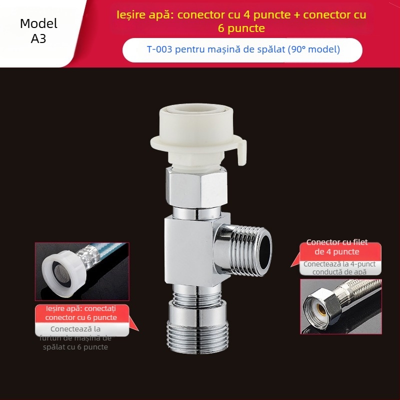 Tee Quick-Connect pentru mașina de spălat: Trei căi, Intrare-Ieșire 1-2, Alamă, Miez de disc ceramic