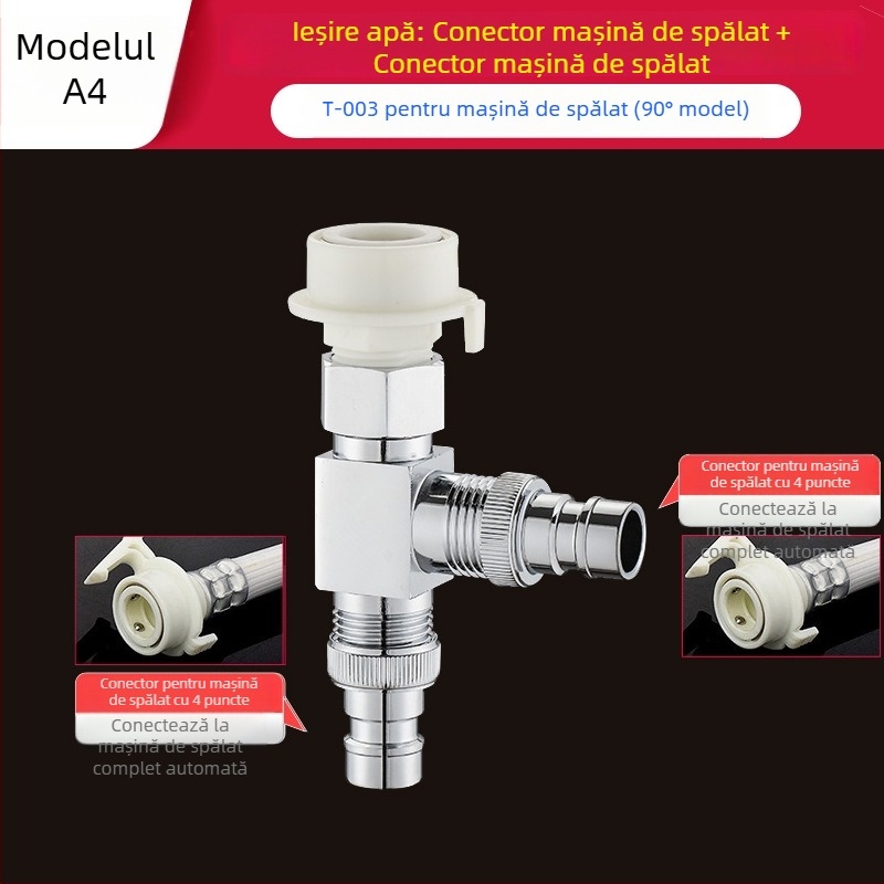 Tee Quick-Connect pentru mașina de spălat: Trei căi, Intrare-Ieșire 1-2, Alamă, Miez de disc ceramic