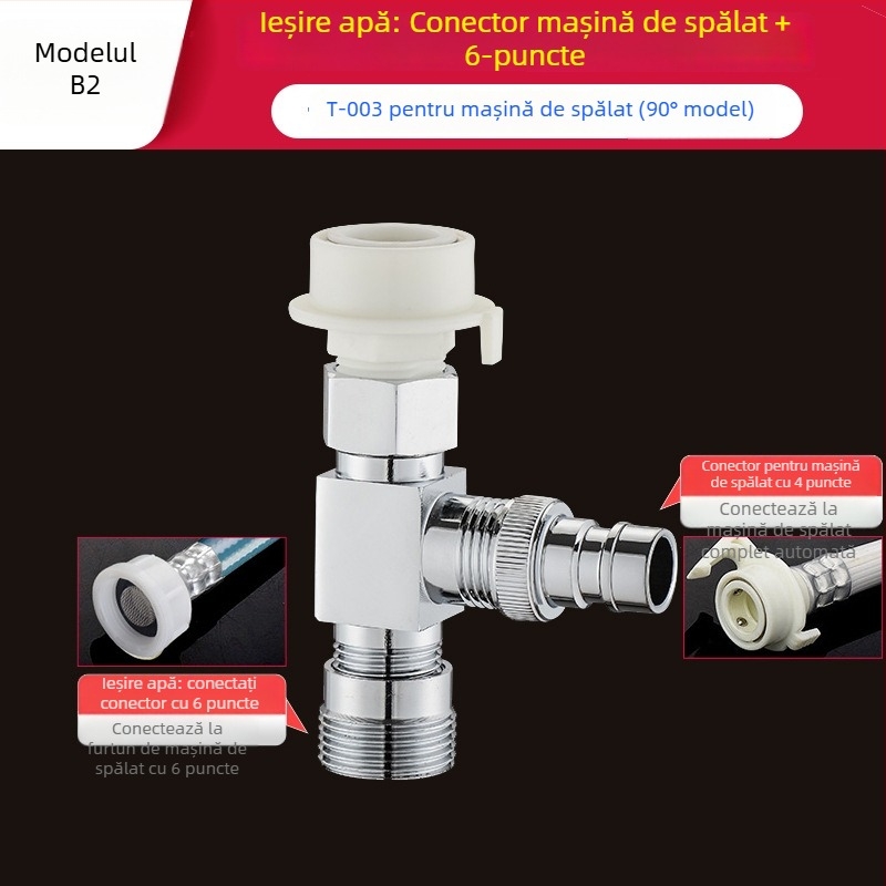 Tee Quick-Connect pentru mașina de spălat: Trei căi, Intrare-Ieșire 1-2, Alamă, Miez de disc ceramic