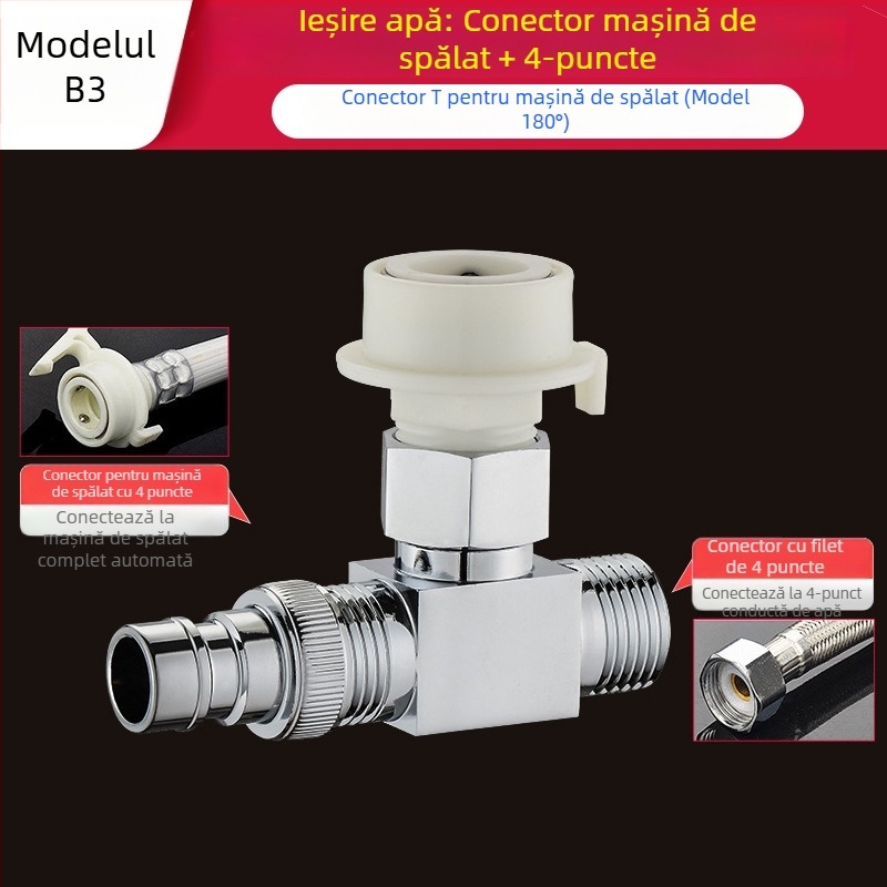 Tee Quick-Connect pentru mașina de spălat: Trei căi, Intrare-Ieșire 1-2, Alamă, Miez de disc ceramic