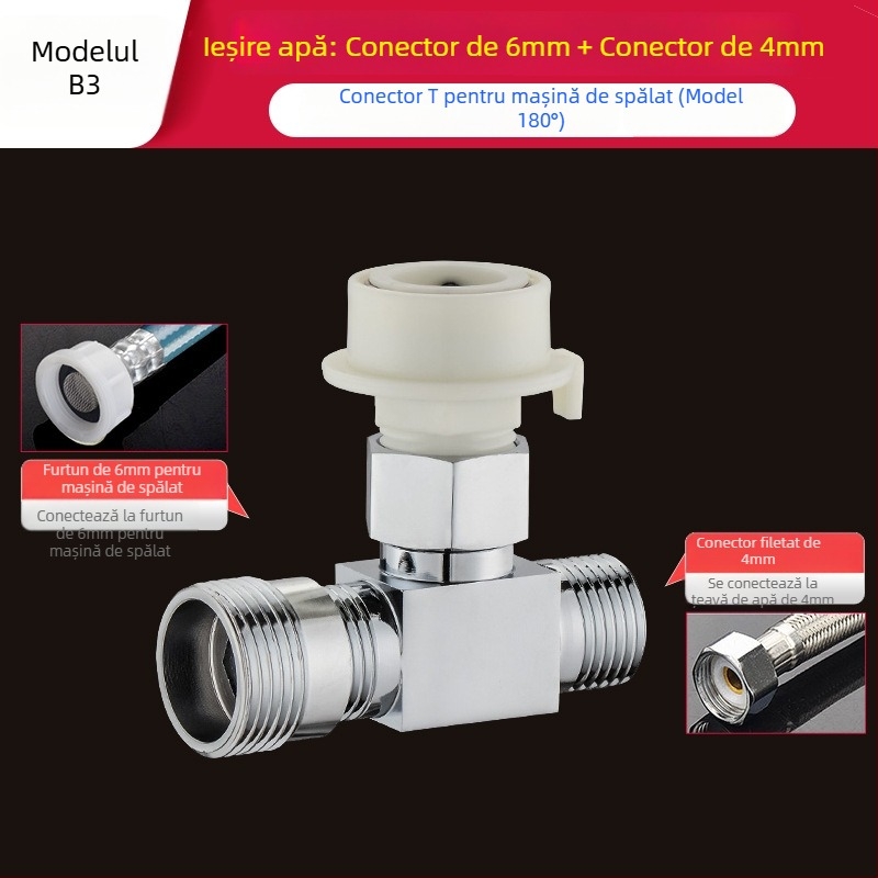 Tee Quick-Connect pentru mașina de spălat: Trei căi, Intrare-Ieșire 1-2, Alamă, Miez de disc ceramic