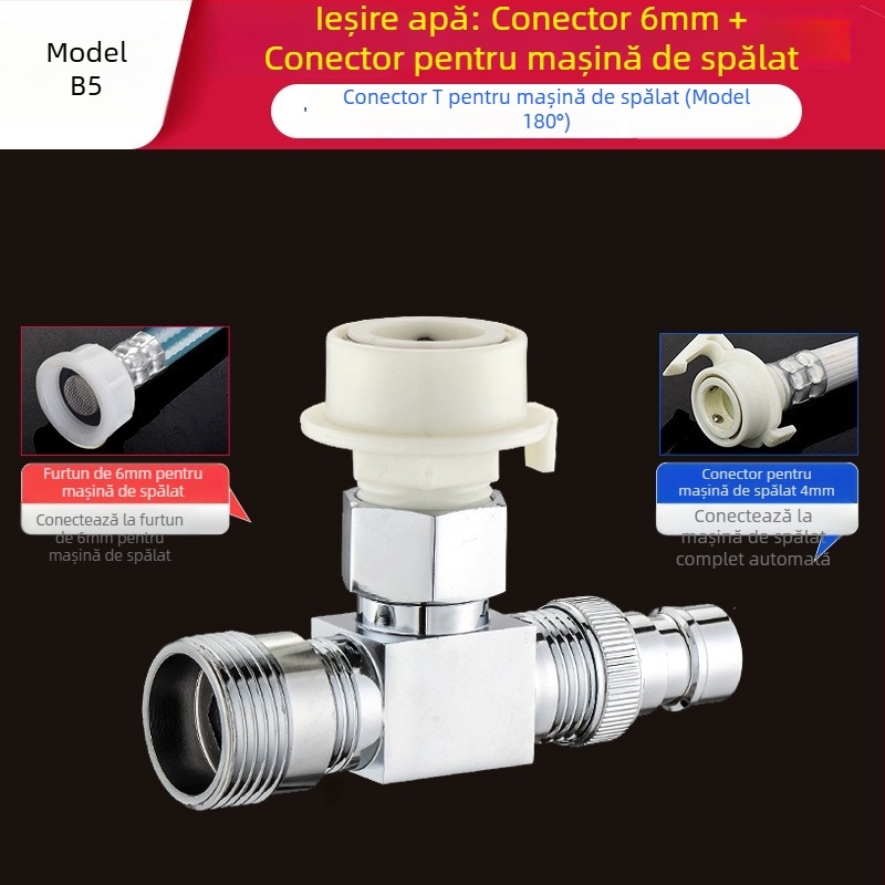 Tee Quick-Connect pentru mașina de spălat: Trei căi, Intrare-Ieșire 1-2, Alamă, Miez de disc ceramic