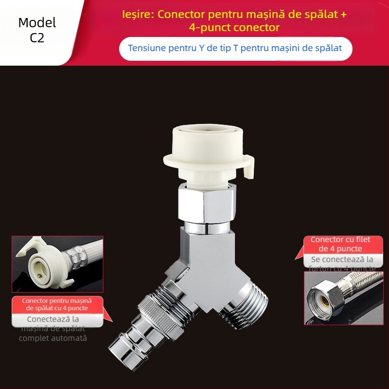 Tee Quick-Connect pentru mașina de spălat: Trei căi, Intrare-Ieșire 1-2, Alamă, Miez de disc ceramic