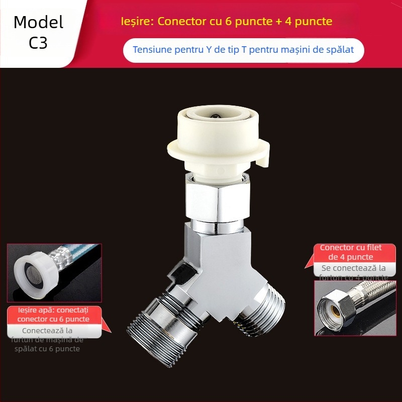 Tee Quick-Connect pentru mașina de spălat: Trei căi, Intrare-Ieșire 1-2, Alamă, Miez de disc ceramic