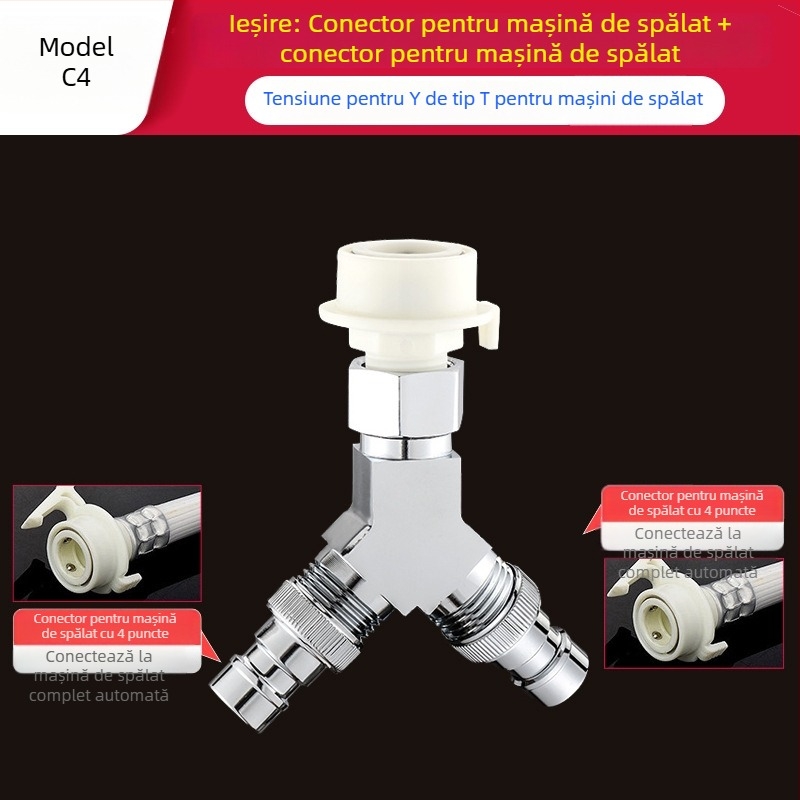 Tee Quick-Connect pentru mașina de spălat: Trei căi, Intrare-Ieșire 1-2, Alamă, Miez de disc ceramic