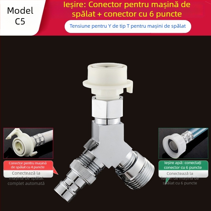 Tee Quick-Connect pentru mașina de spălat: Trei căi, Intrare-Ieșire 1-2, Alamă, Miez de disc ceramic