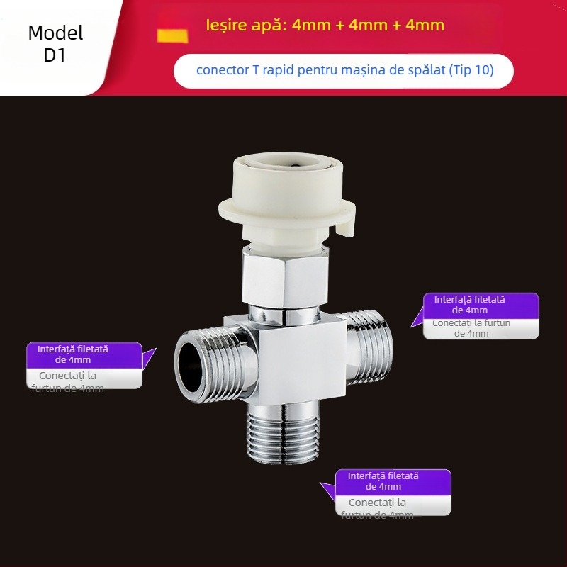 Tee Quick-Connect pentru mașina de spălat: Trei căi, Intrare-Ieșire 1-2, Alamă, Miez de disc ceramic