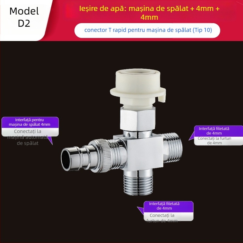 Tee Quick-Connect pentru mașina de spălat: Trei căi, Intrare-Ieșire 1-2, Alamă, Miez de disc ceramic
