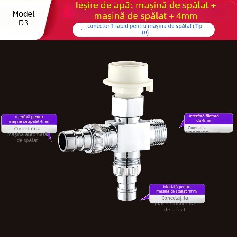 Tee Quick-Connect pentru mașina de spălat: Trei căi, Intrare-Ieșire 1-2, Alamă, Miez de disc ceramic