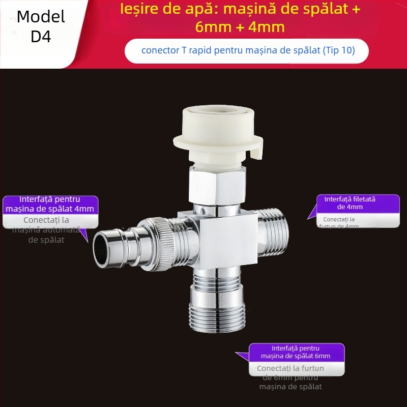 Tee Quick-Connect pentru mașina de spălat: Trei căi, Intrare-Ieșire 1-2, Alamă, Miez de disc ceramic