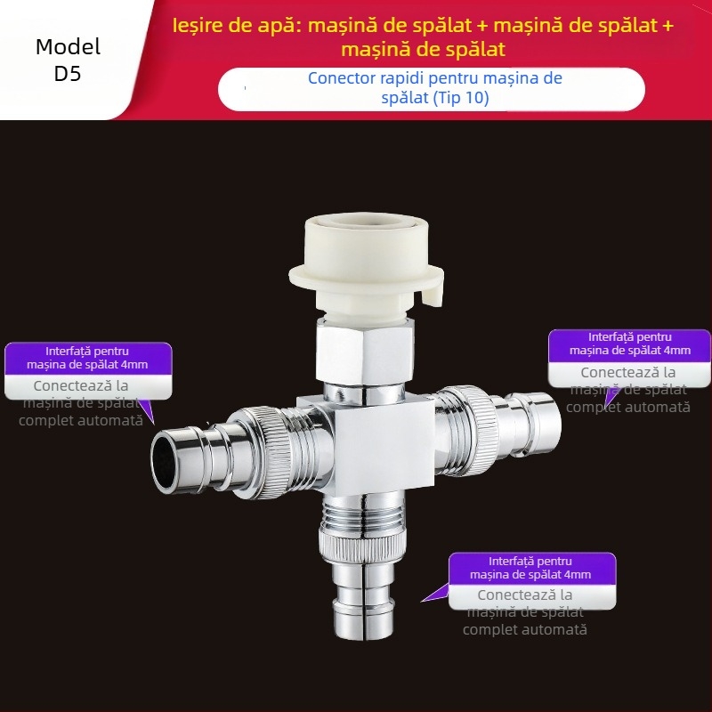 Tee Quick-Connect pentru mașina de spălat: Trei căi, Intrare-Ieșire 1-2, Alamă, Miez de disc ceramic