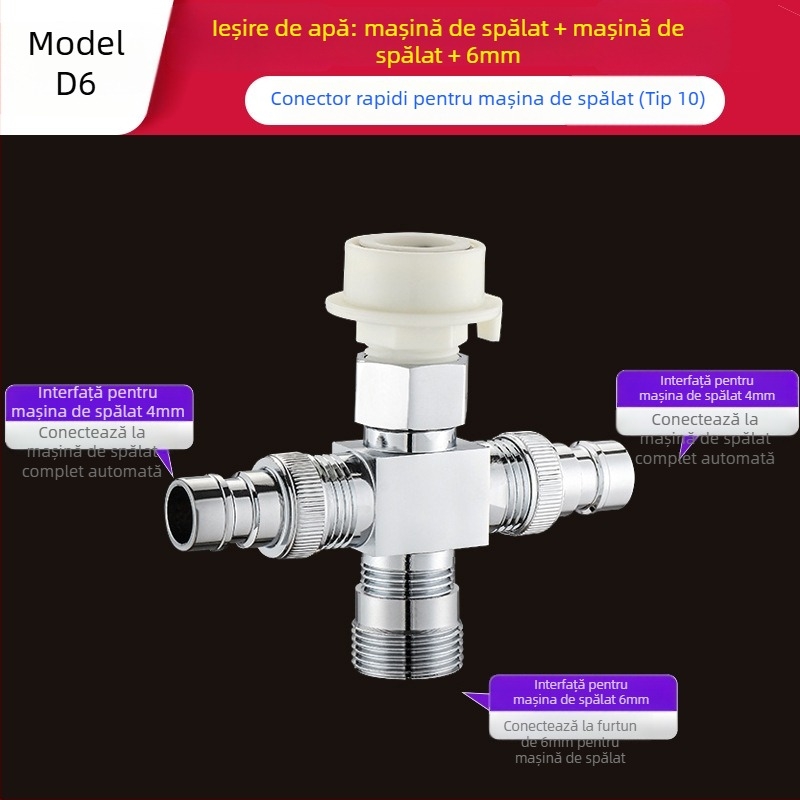 Tee Quick-Connect pentru mașina de spălat: Trei căi, Intrare-Ieșire 1-2, Alamă, Miez de disc ceramic