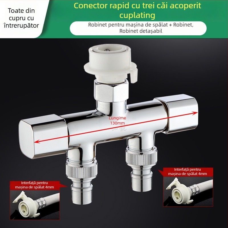 Tee Quick-Connect pentru mașina de spălat: Trei căi, Intrare-Ieșire 1-2, Alamă, Miez de disc ceramic