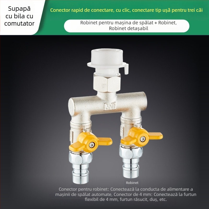 Tee Quick-Connect pentru mașina de spălat: Trei căi, Intrare-Ieșire 1-2, Alamă, Miez de disc ceramic