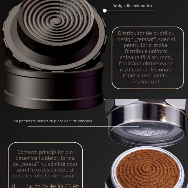 Accesoriu semi-automat pentru moka pot: inel de transfer al prafului în trepte, dozator de praf și presă pentru cafea – protecție împotriva împrăștierii prafului, prevenire a vărsării