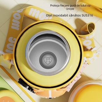 Termos pentru copii pentru școală, interior din oțel inox 316, exterior din oțel inox 304, design desen animat cu burtă mare, izolație 6–12 ore