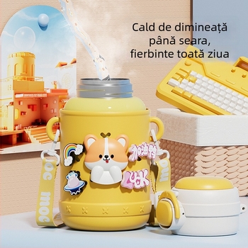 Termos pentru copii pentru școală, interior din oțel inox 316, exterior din oțel inox 304, design desen animat cu burtă mare, izolație 6–12 ore