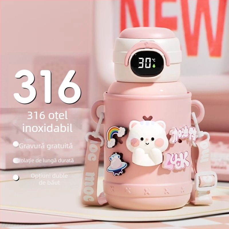Termos pentru copii pentru școală, interior din oțel inox 316, exterior din oțel inox 304, design desen animat cu burtă mare, izolație 6–12 ore